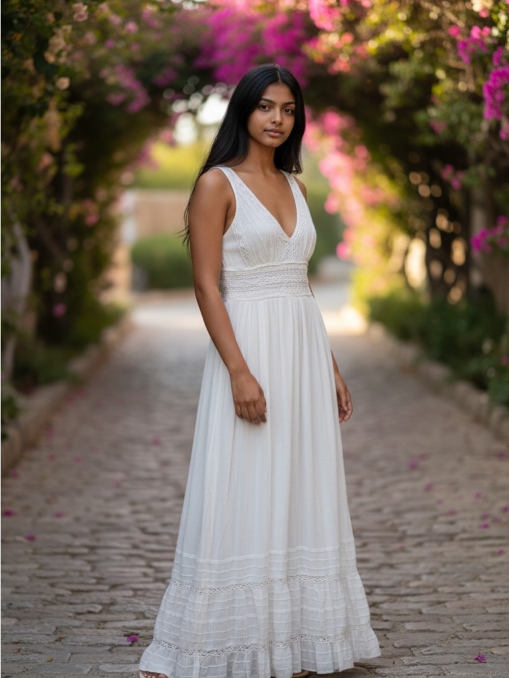 Free People White Lace Trim Sleeveless V-Neck Dress Size Medium Cotton Rare